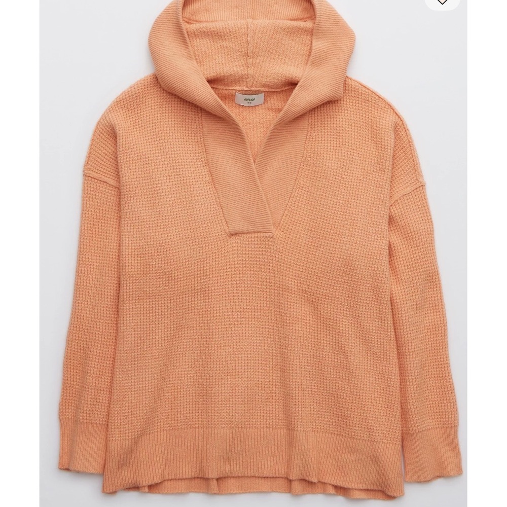 Aerie CozyUp Waffle Knit Sweater Hoodie‎ Peach Slouchy Oversized L - Picture 2 of 9